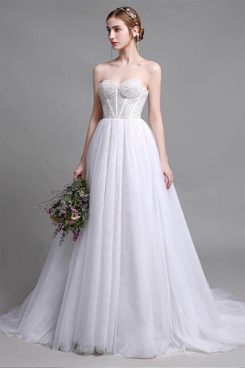 A-Line Sweep-Brush Train Lace Wedding Dress CW2958 - COCOMELODY